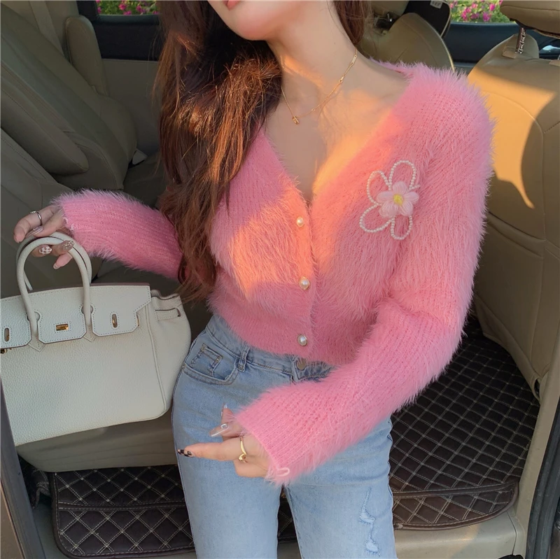 

Y2KMink Cashmere Sweater Women's V-neck Short Pink Soft Warm Cardigan Jacket Autumn and Winter Slim Knit Sweater Top