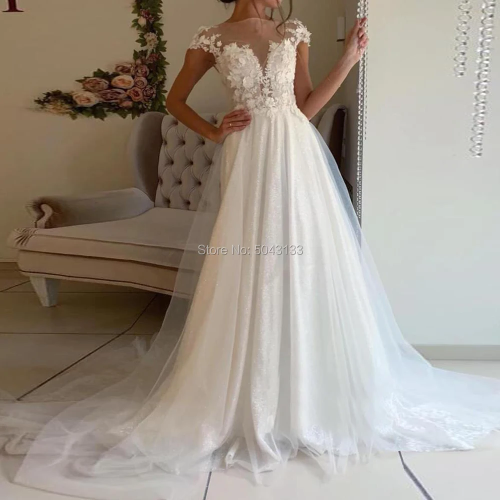 Elegant Lace Appliques A Line Ivory Wedding Dresses with 3D Flowers 2021 Jewel Neckline Cap Sleeves Sparkly Tulle Bridal Gowns | Свадьбы и