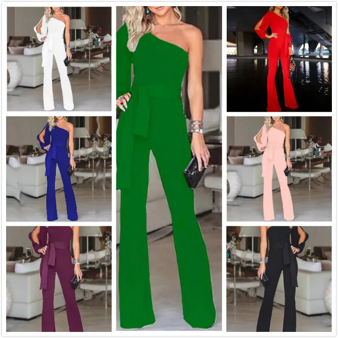 Summer Women Fashion Office Lady Solid Jumpsuit Stylish One Shoulder Slit Sleeve Black Jumpsuit Party Wear new size 2XL