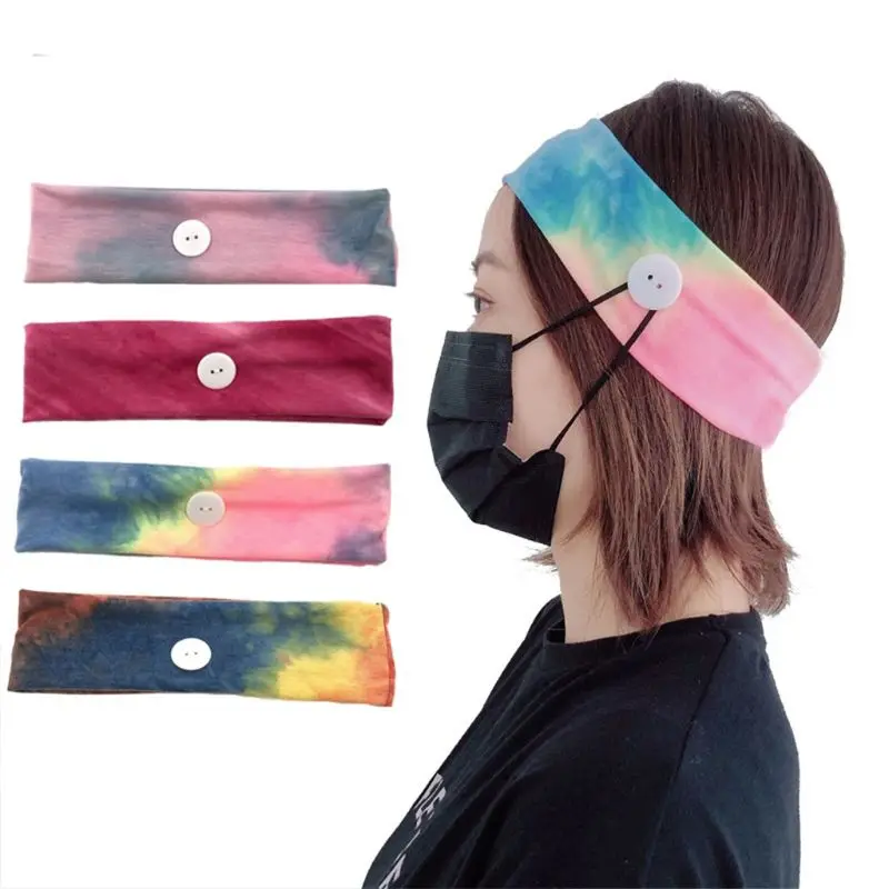 

Tie-Dye Colorful Button Headband Mouth Mask Holder Yoga Sport Elastic Hairband 63HC