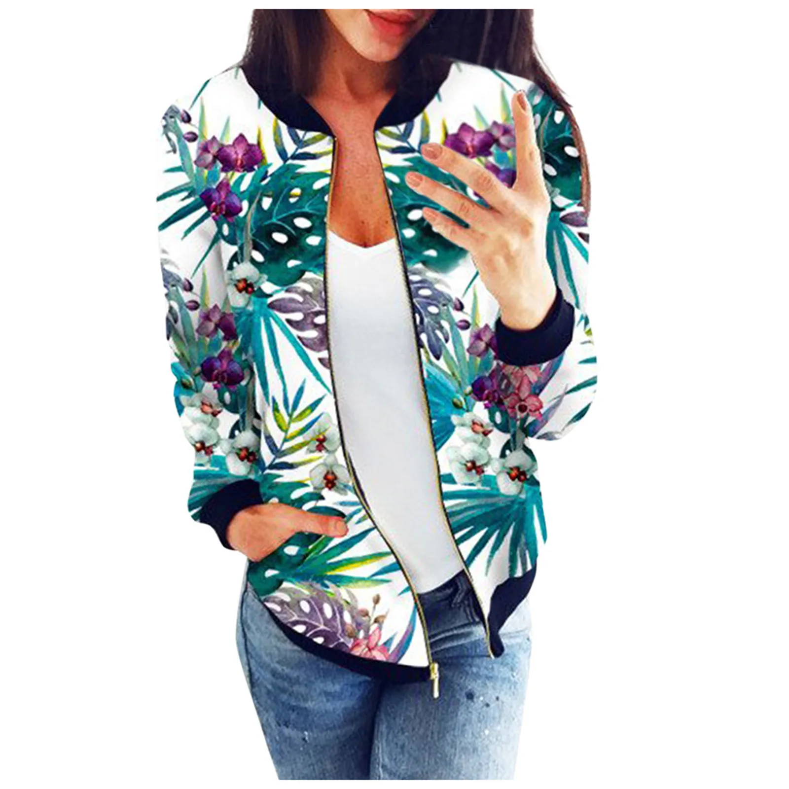 

Fashion Retro Floral Print Women Coat Casual Zipper Up Bomber Jacket Ladies Casual Spring Autumn Outwear Coats Women Clothing
