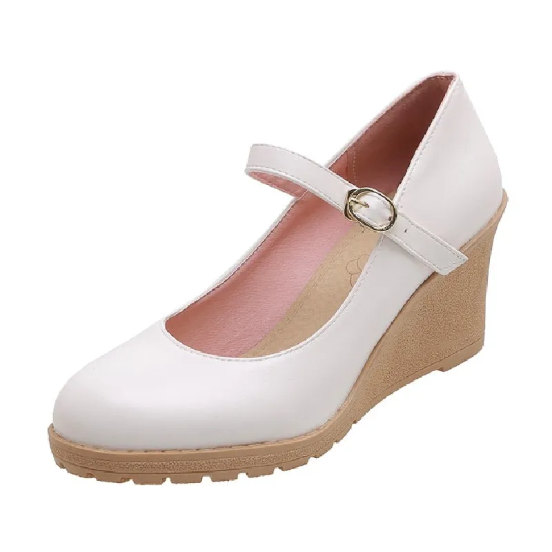 

Fanyuan 2021 PU Leather Wedge High Heel Shallow Women Single Shoes Spring Autumn Casual Round Toe Buckle Ladies Pumps Size 34-43