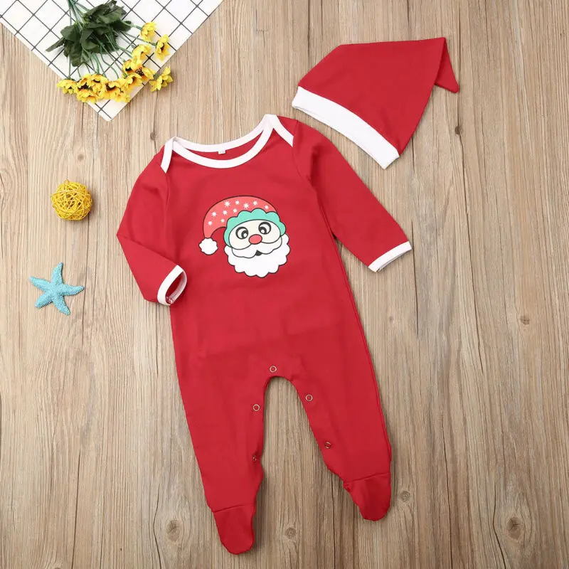 Emmababy Toddler Baby Girl Boy Christmas Romper Jumpsuit Hat Autumn Winter Outfit Clothes