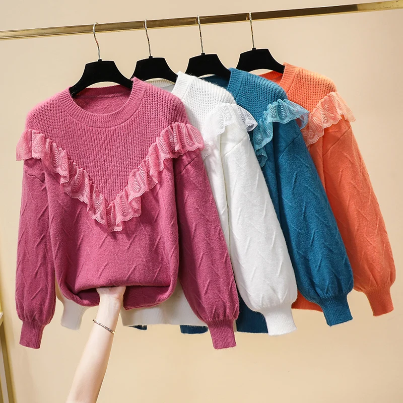 

Lace Stitch Plus Large Size Oversize Korean Style Fashion Pullovers For Autumn Women'S Clothing Ladies Sweater 2021 Tops Blouse