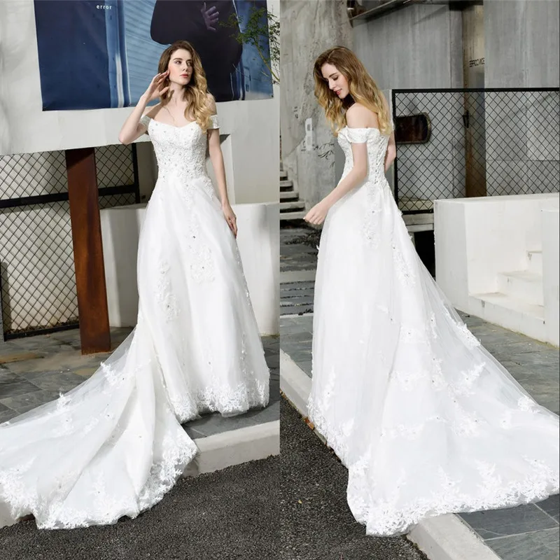

Romantic Lace Cap Sleeve Wedding Dresses 2020 Charming Short Sleeve Lace Up Back Wedding Bridal Gowns Robe De Mariee