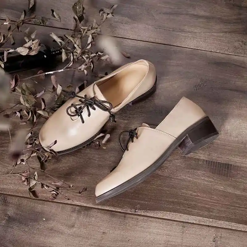 

Lenkisen soft breathable genuine leather shoes round toe cozy med heels women solid lace up leisure style large size pumps L16