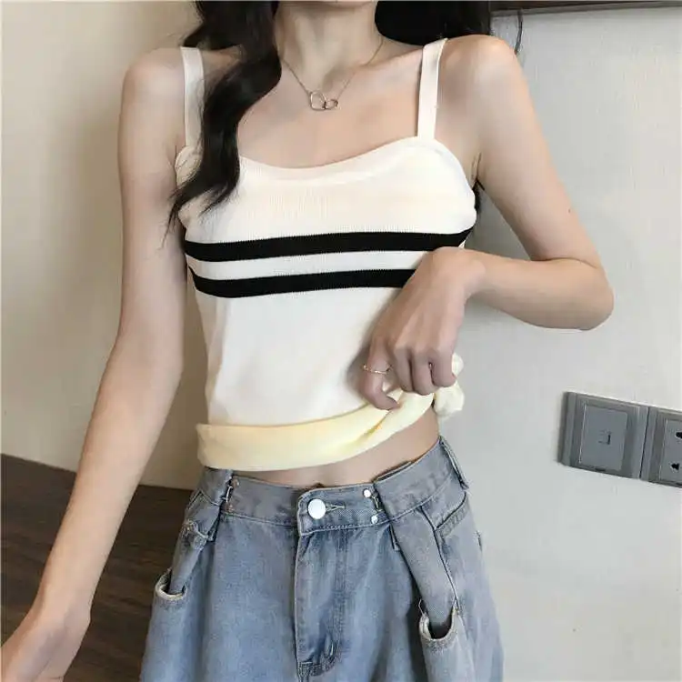 

Fleece-Lined Thick Strap Design Sense Non-mainstream Outer Vest Women's Autumn and Winter Inner Wear Western Style Striped Slim