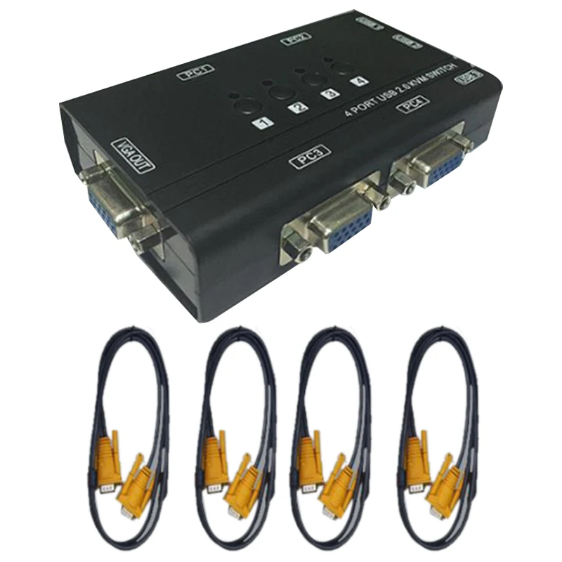 

Квм-переключатель USB VGA с 4 кабелями, переключатель с 4 портами для совместного использования 4 ПК с одним видеомонитором и 3 USB-устройствами