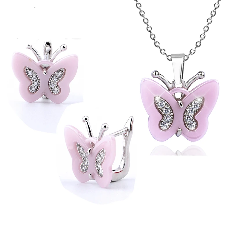Pink Set Модные Керамика Ювелирные наборы с принтом бабочки и длинными цепи Цепочки и ожерелья Для женщин ювелирные изделия Bijoux(украшения своими руками) Нержавеющая сталь розовый ювелирный набор, рождественский подарок - Окраска металла: Pink Set