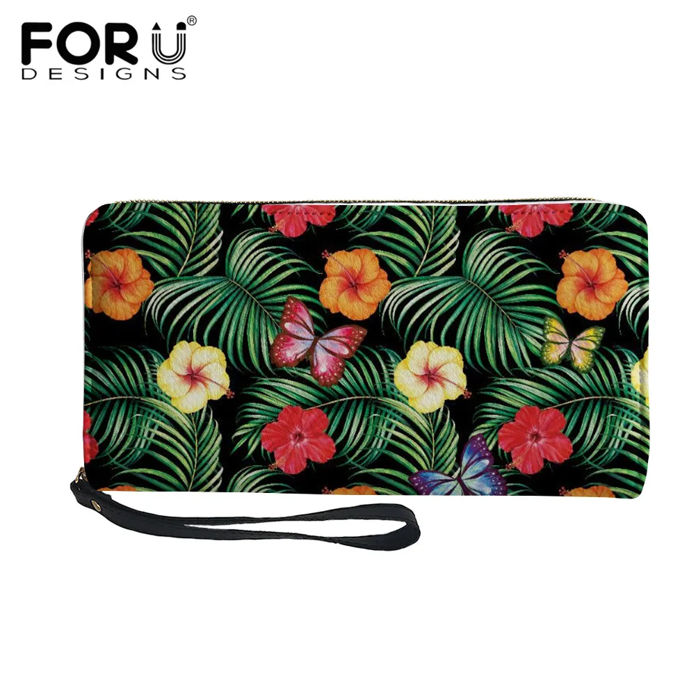 

FORUDESIGNS Hawaiian Hibiscus Flower Pattern Women's Leather Wallet Casual Wristband Wallet Women Long Pu Coin Money Cases