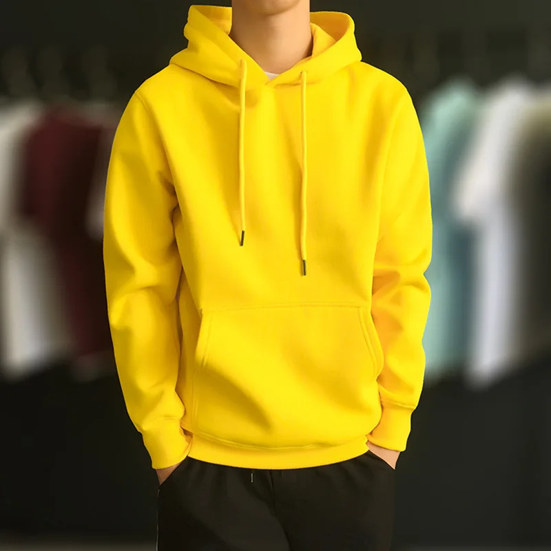 

Fleece Sweatshirt Men's Solid Color Long-sleeved Hoodie Casual Hooded Pullover Sweatshirt with Pockets Warm Streetwear