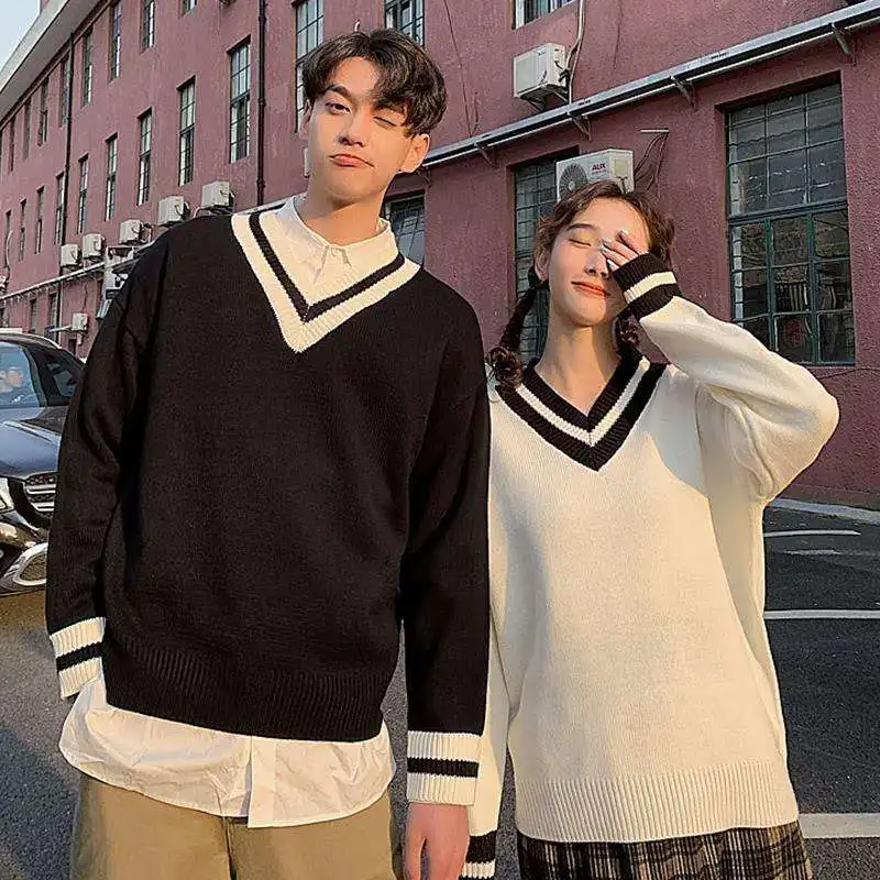 

Korean Preppy Style Gentle Sweet Girl Pullover Vintage V-Neck Loose Women Plus Size Black White Stripes Couple Pullover Sweater