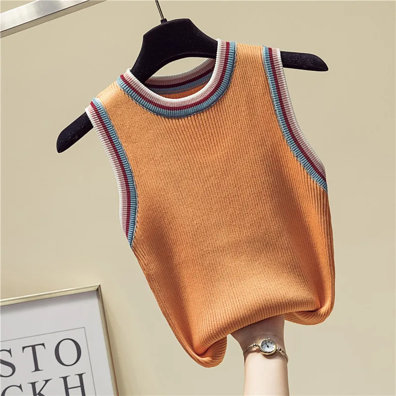 women Striped Color collision knitted vest female lady Girls suspenders waistcoats thin summer ice silk sleeveless Tank Tops