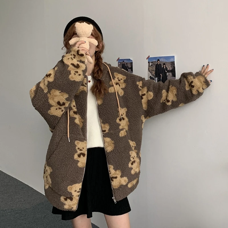 

Women Winter Fuzzy Plush Hoodie Jacket Cartoon Bear Print Oversized Loose Coat Harajuku Warm Zip Up Sweatshirt Outwear