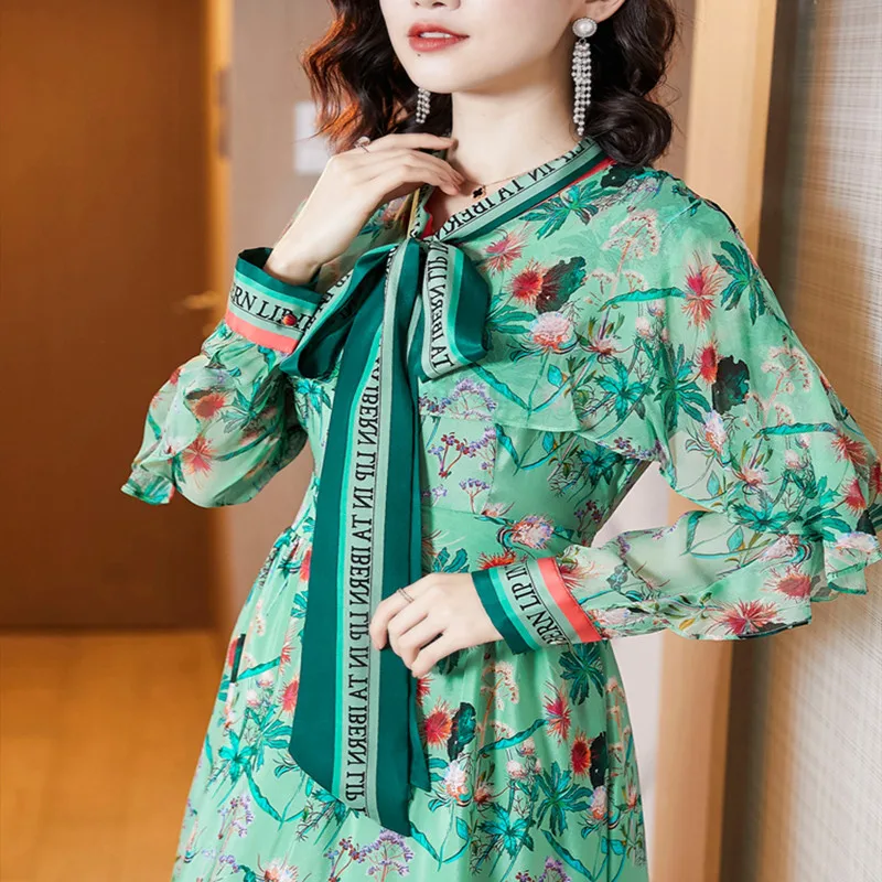 2020 spring new large size Dresses Women female temperament lotus leaf sleeve stitching floral silk print dress long | Женская одежда