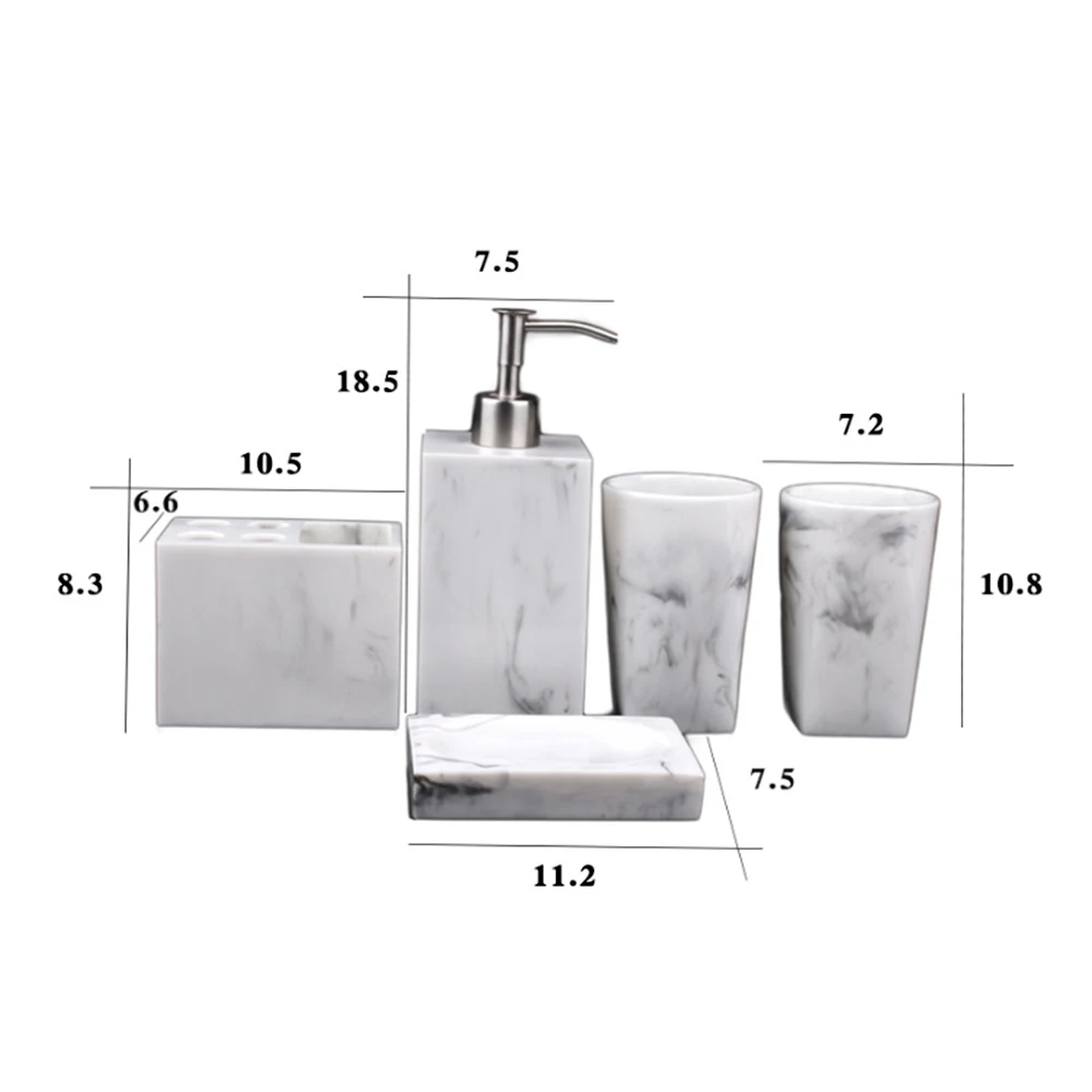 

5pcs/set Resin Bathroom Accessories Set Marble Texture Toothbrush Holder Liquid Soap Dispenser Soap Dish Tumblers for Home Hotel