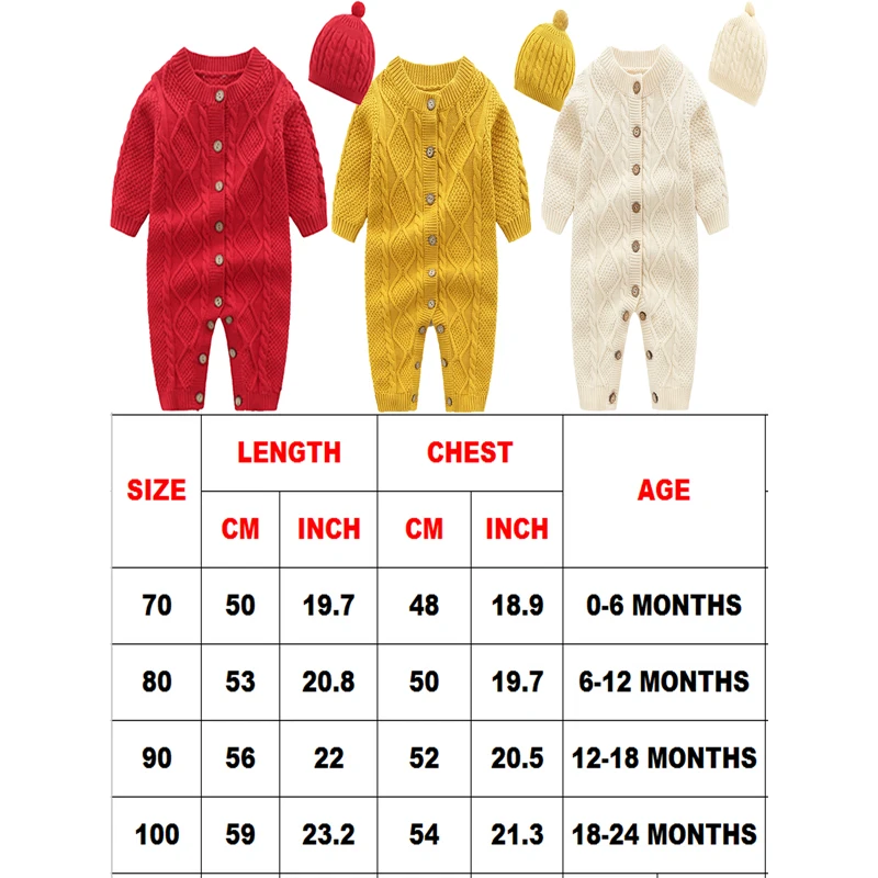 

Newborn Baby Knit Romper Sweaters Autumn Winter Clothes Infant Boy Girl Long Sleeve Button Jumpsuit+Hat Warm 2Pcs Outfit 0-18M