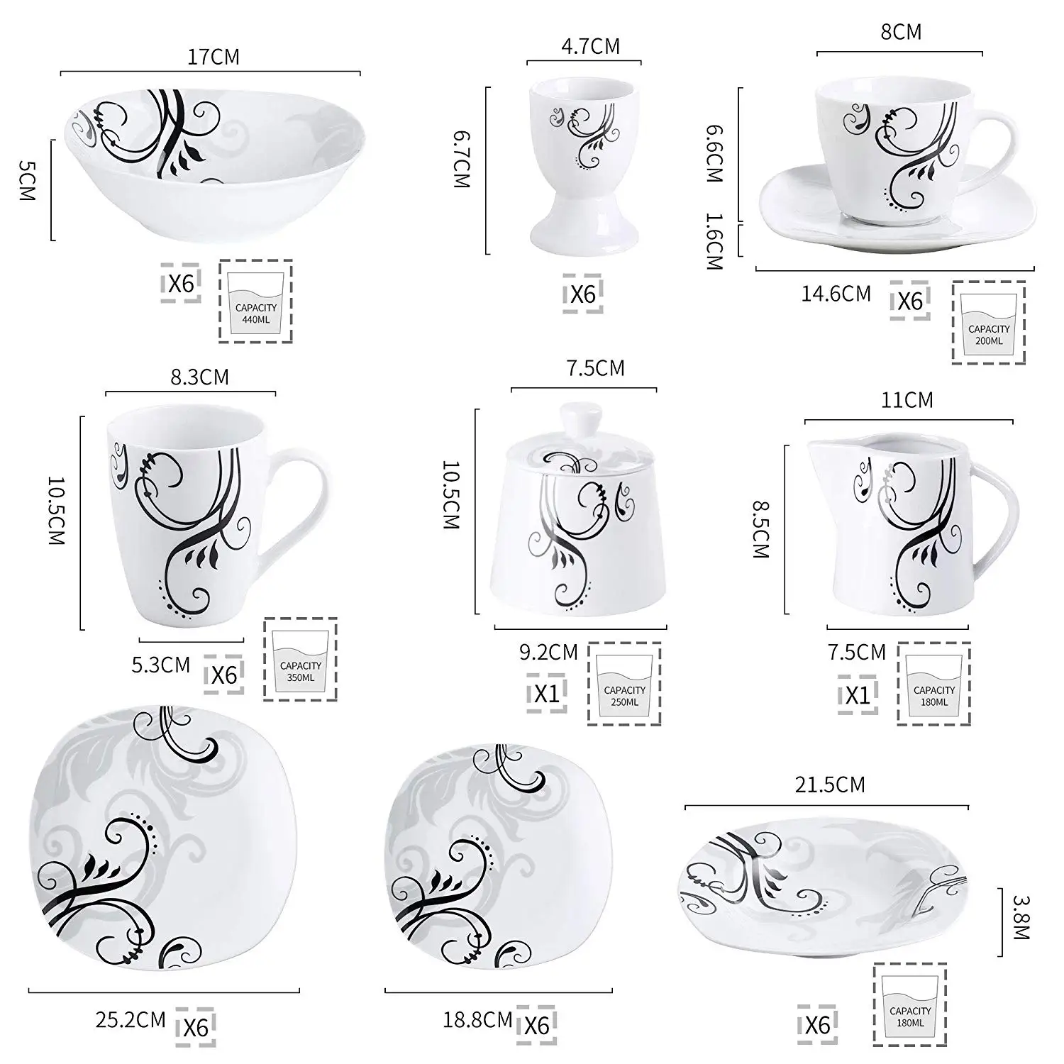 Online VEWEET ZOEY 50-Stück Porzellan Geschirr Mit Ei Tasse, Tasse Und Untertasse, Becher, Dessert & Suppe & Teller, Schüssel, Milch Krug, Zucker Topf Set