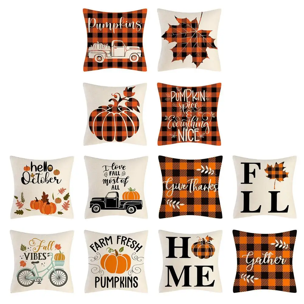 

4PCS 18x18 Inch Fall Pillowcases Thanksgiving Pumpkin Pattern Linen Pillow Covers Sofa Cushion Case Home Decoration