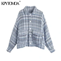 kpytomoa women 2021 fashion with pocket tweed jacket coat vintage long sleeve button up female outerwear chic overshirt