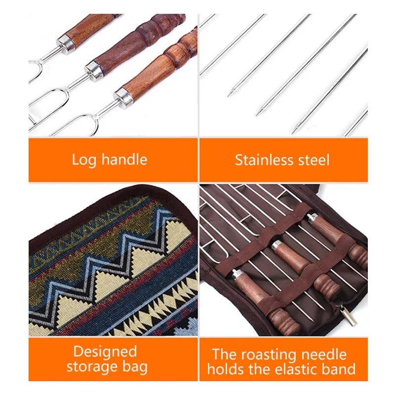 

5 Pcs Outdoor BBQ Fork Stainless Steel Grill Fork With Wooden Handle U-Shaped Grill Skewer Picnic Meat Fork Set