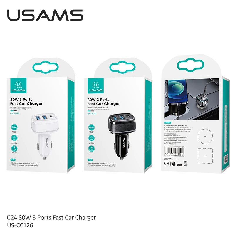 USAMS 80W USB A C 3 порта QC PD Быстрая зарядка Автомобильное зарядное устройство для iPhone 13