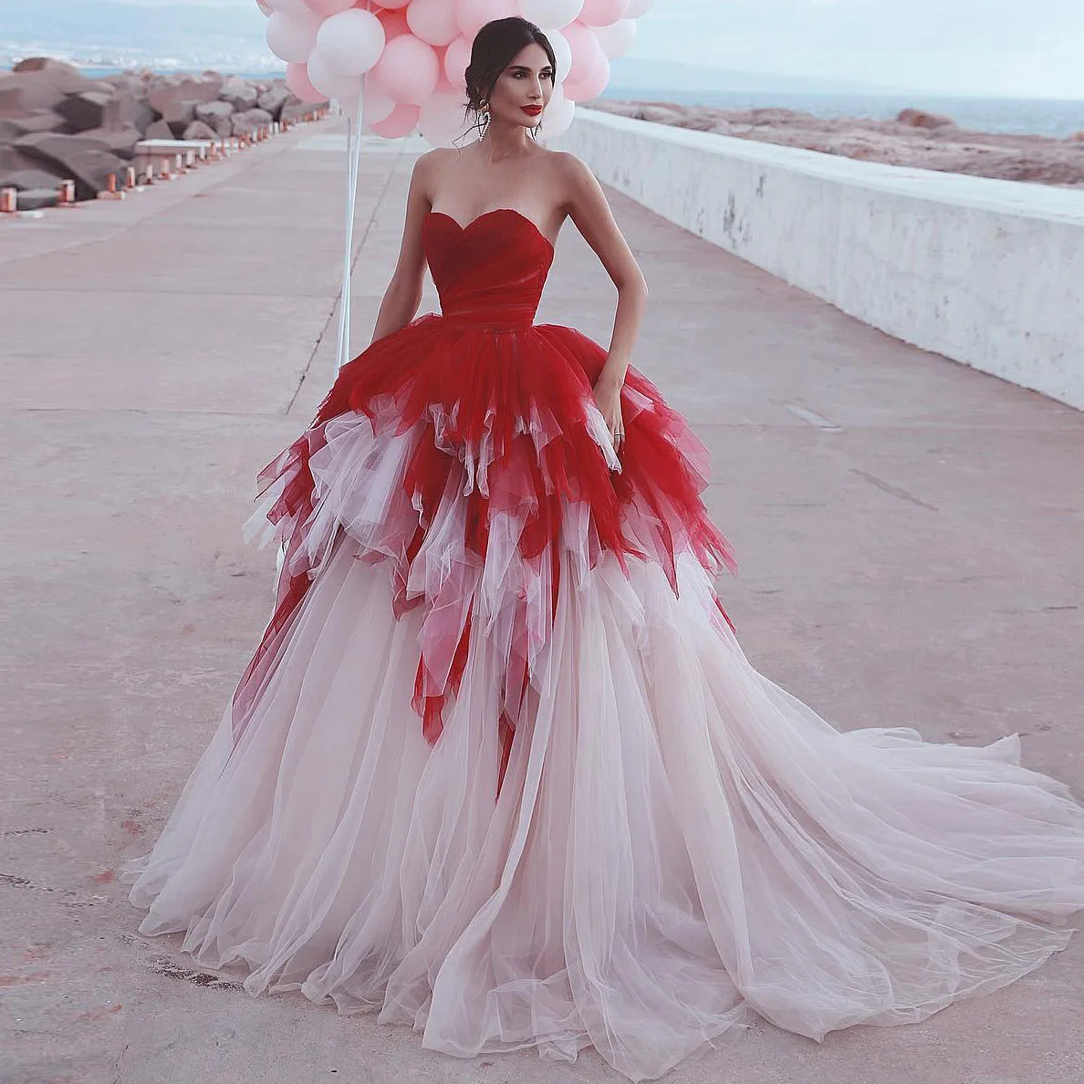 

Женское платье на выпускной без бретелек, элегантное вечернее платье контрастных цветов с открытой спиной, многослойное Пышное Тюлевое пла...