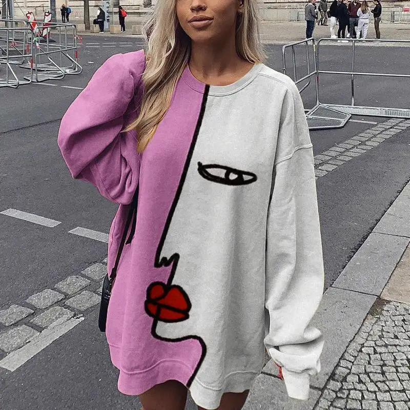 

Chic Abstract Face Print Patchwork Oversized Sweatshirt Women Loose Long Sleeve Crewneck Casual Autumn Kawaii Clothing Aesthetic