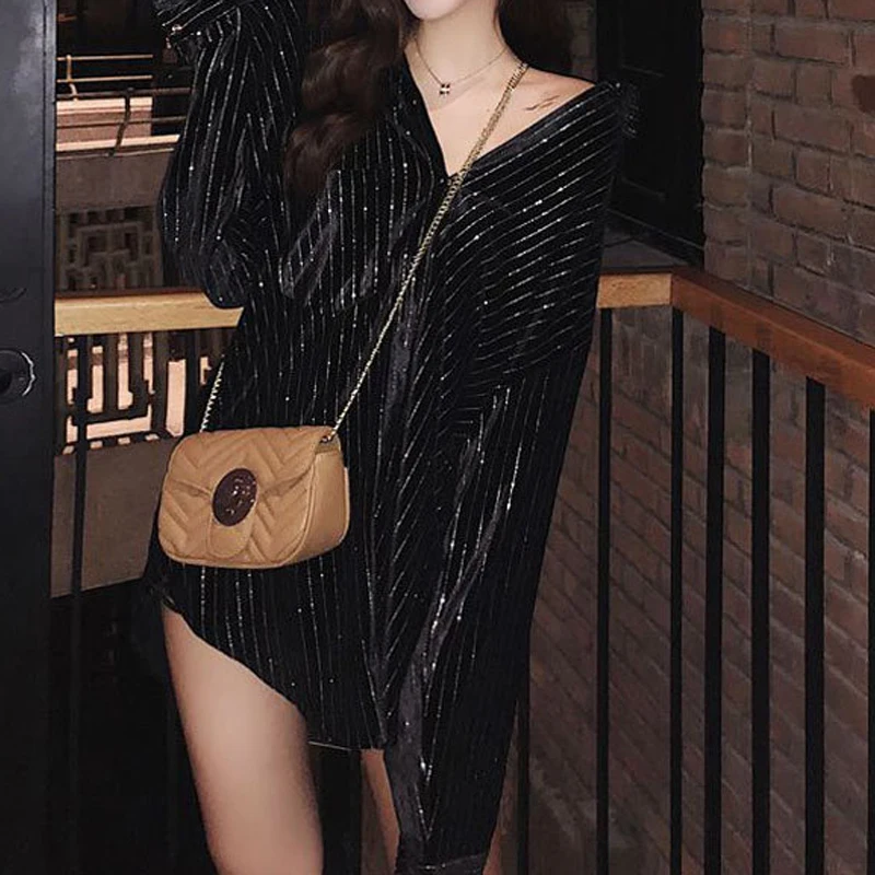 Женская блузка в полоску RealShe черная с длинным рукавом для осени и зимы 2019|Блузки|