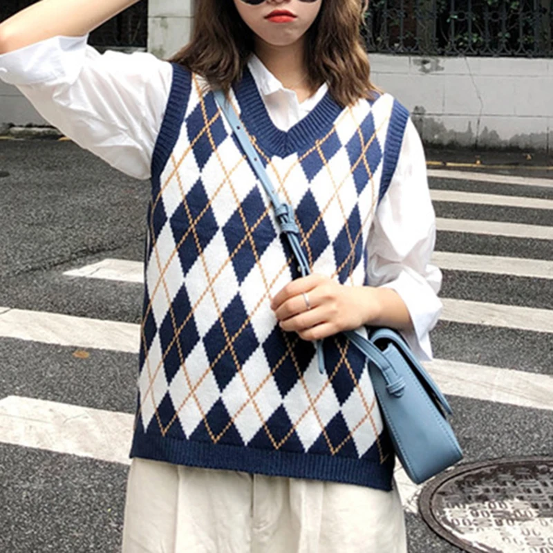 Женский вязаный жилет в клетку повседневный Свободный пуловер без рукавов