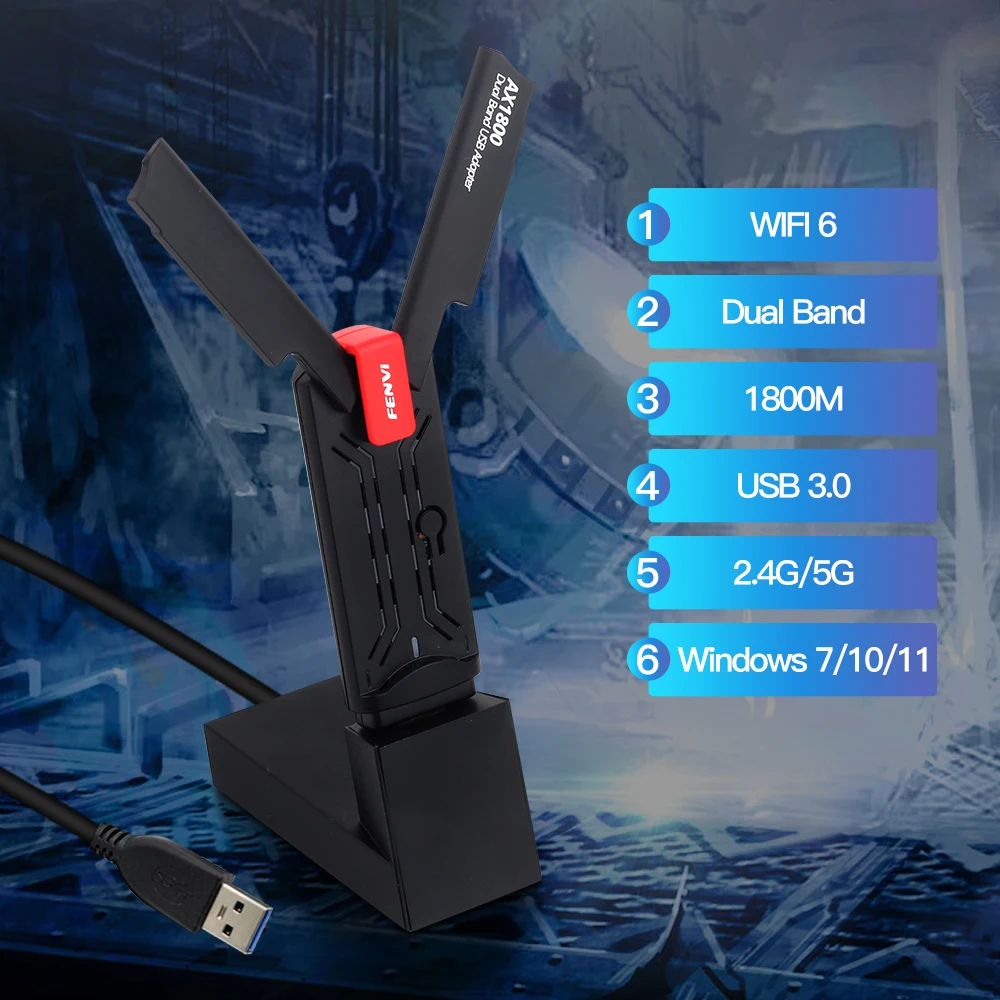 

Wi-Fi 6 USB сетевой адаптер 1800 Мбит/с USB3.0 Wi-Fi ключ 802.11ax двухдиапазонный 2,4G/5 ГГц беспроводная сетевая карта Windows 7/10/11