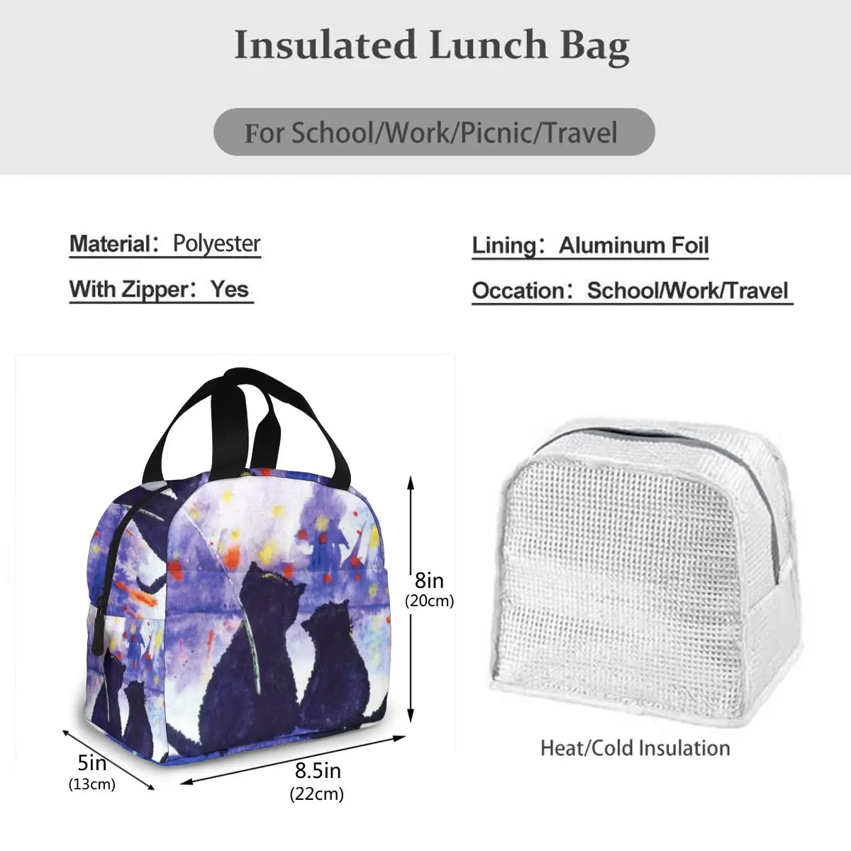 

NOISYDESIGNS Thermal Food Picnic Lunch Bag Women Food Bread Container Bag Painting Black Cats Couple Lunchbox Bolsa