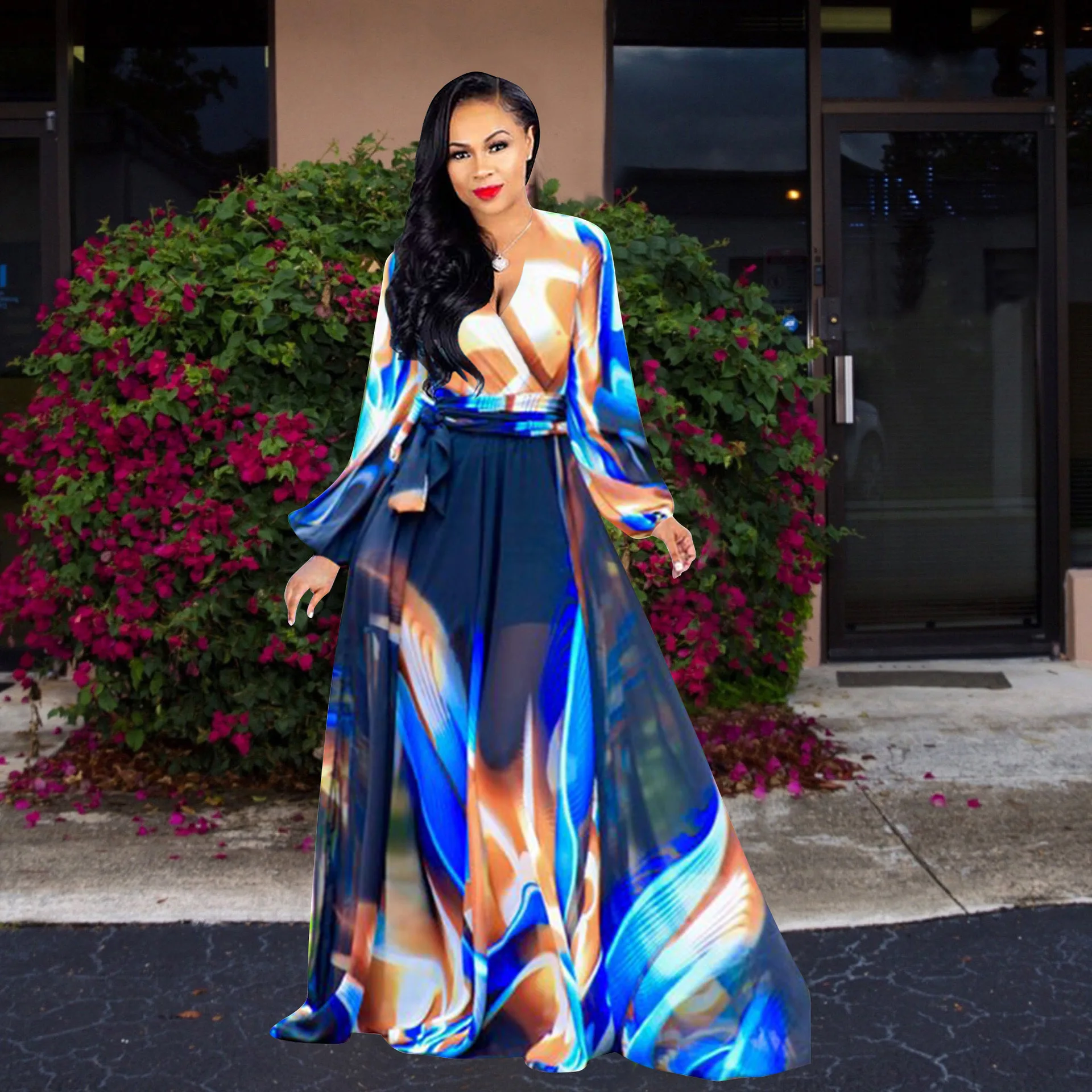 

S-5XL женское длинное шифоновое платье макси с цветочным принтом в стиле бохо, женское сексуальное платье с v-образным вырезом и длинным рукав...