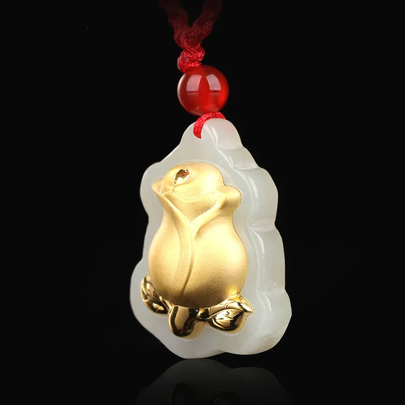 Натуральный китайский белый нефрит мозаика Золотая подвеска Роза красивые