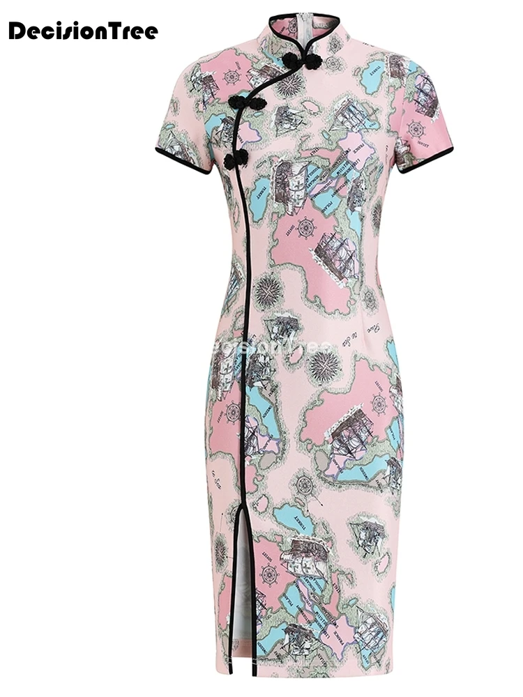 

2021 chinese dress sexy qipao dress oriental style side split cheongsam hollow out flower printing short dress cheongsam dress