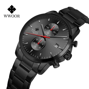 WWOOR Business Men's Watches Fashion Luxury Watch Black Stainless Steel Quartz Watch Calendar Date Watch Men's Relogio Masculino