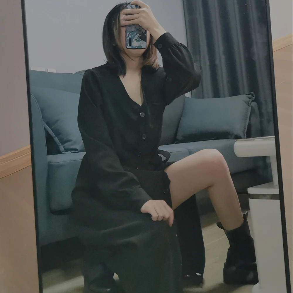 

Женское вельветовое платье в стиле ретро, Черное длинное вельветовое платье выше колена с длинными рукавами и V-образным вырезом, в стиле Хе...