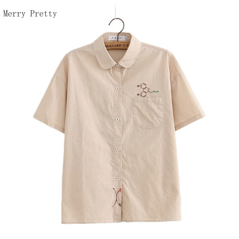 

Женские блузки с геометрической вышивкой и карманом, летние повседневные рубашки с коротким рукавом и отложным воротником, 2020