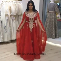 red moroccan kaftan beads evening dresses long sleeves lace appliques belt arabic muslim special occasion wedding evening