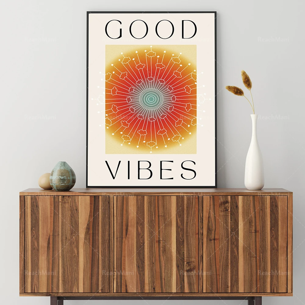 

Good Vibes retro 70s poster, abstract psychedelic gradient print, mandala hippie art print, bohemian artwork decoration poster
