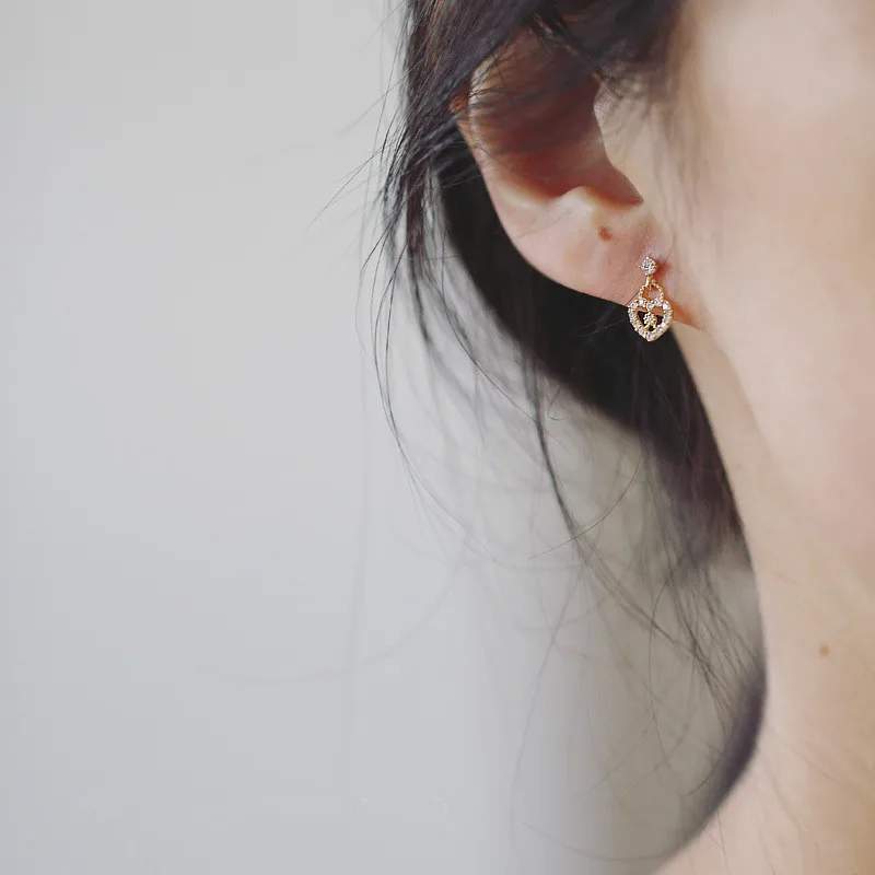 

925 Sterling Silver Crystal Heart Earrings Women 14k Gold Earrings Exquisite Sweet Student Jewelry Girlfriend Gift