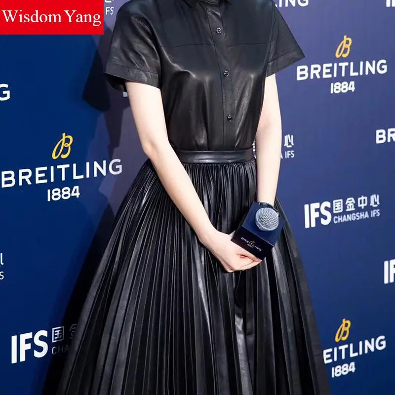 

Autumn Genuine Leather Skirt Woman Real Sheepskin High Waist Long Skirts Womens Lace Bodycon Party Sexy Ladies Pleated Clothes