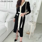 Взлетно-посадочной полосы черный кардиган с v-образным вырезом вязанный платье женской обуви сезона осень однобортная свободный свитер на новогоднюю тематику, раздел для женщин в Корейском стиле, элегантная, вязаная одежда для мальчиков