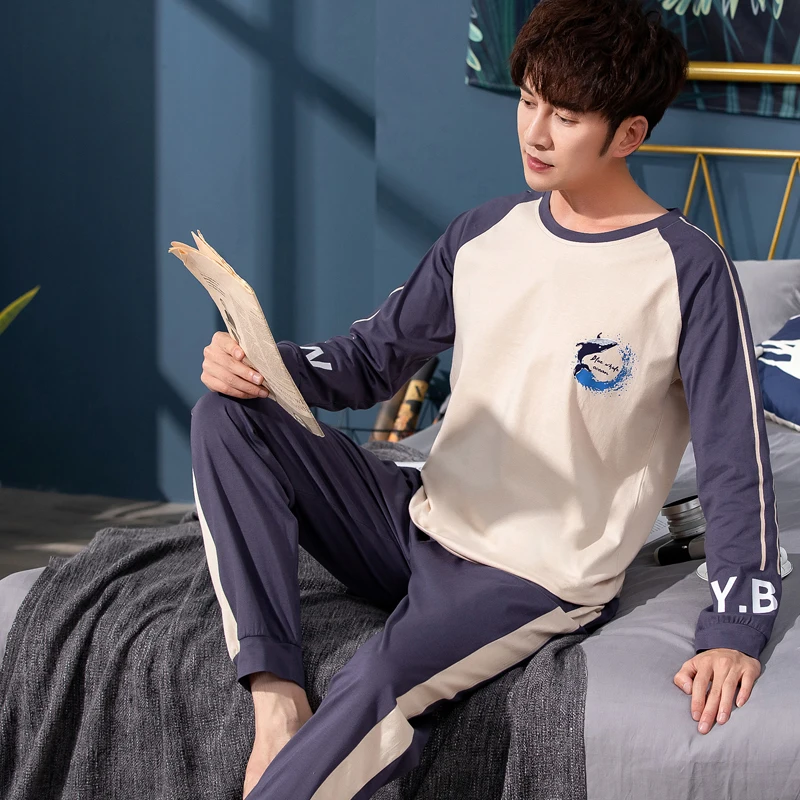Роскошная мужская ткань осень зима теплая хлопок Мужская одежда для сна набор простая модная Домашняя одежда пижамы набор для мужчин эластичные брюки