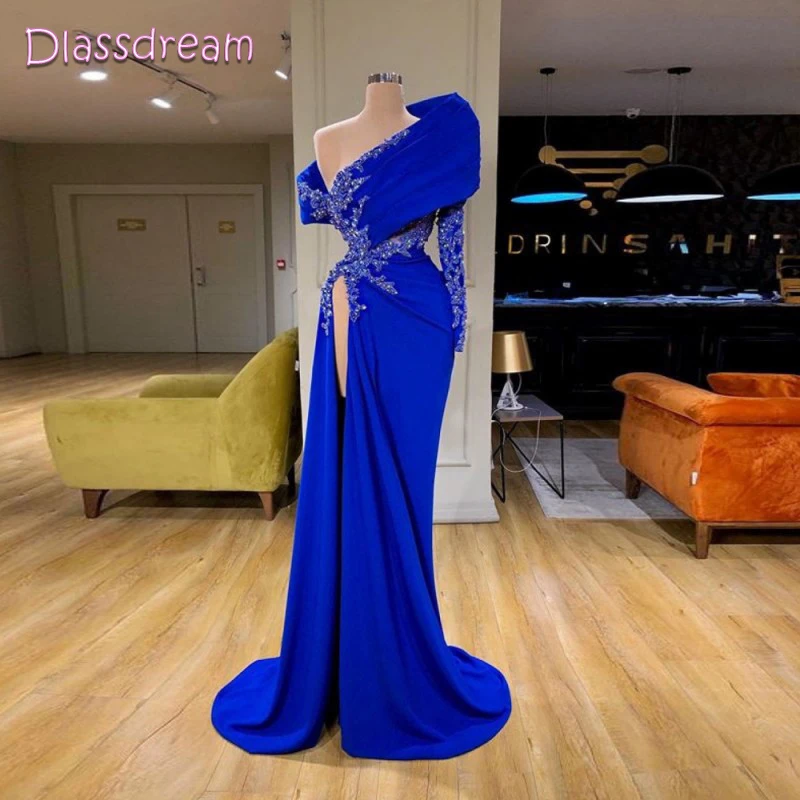 

One Shoulder Mermaid Evening Dress Beaded Appliques Robes De Soirée High Split Sweep Train Women Party Gown Vestido De Noche