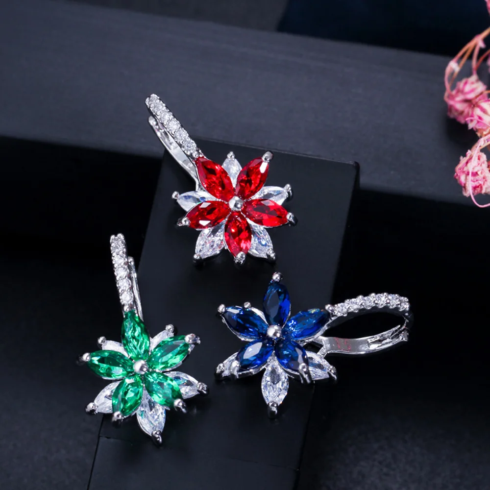 ThreeGraces Модные Разноцветные зеленые розовые красные кубические циркониевые хрустальные вечерние серьги-гвоздики с огранкой маркиза с милым цветком для женщин ER311
