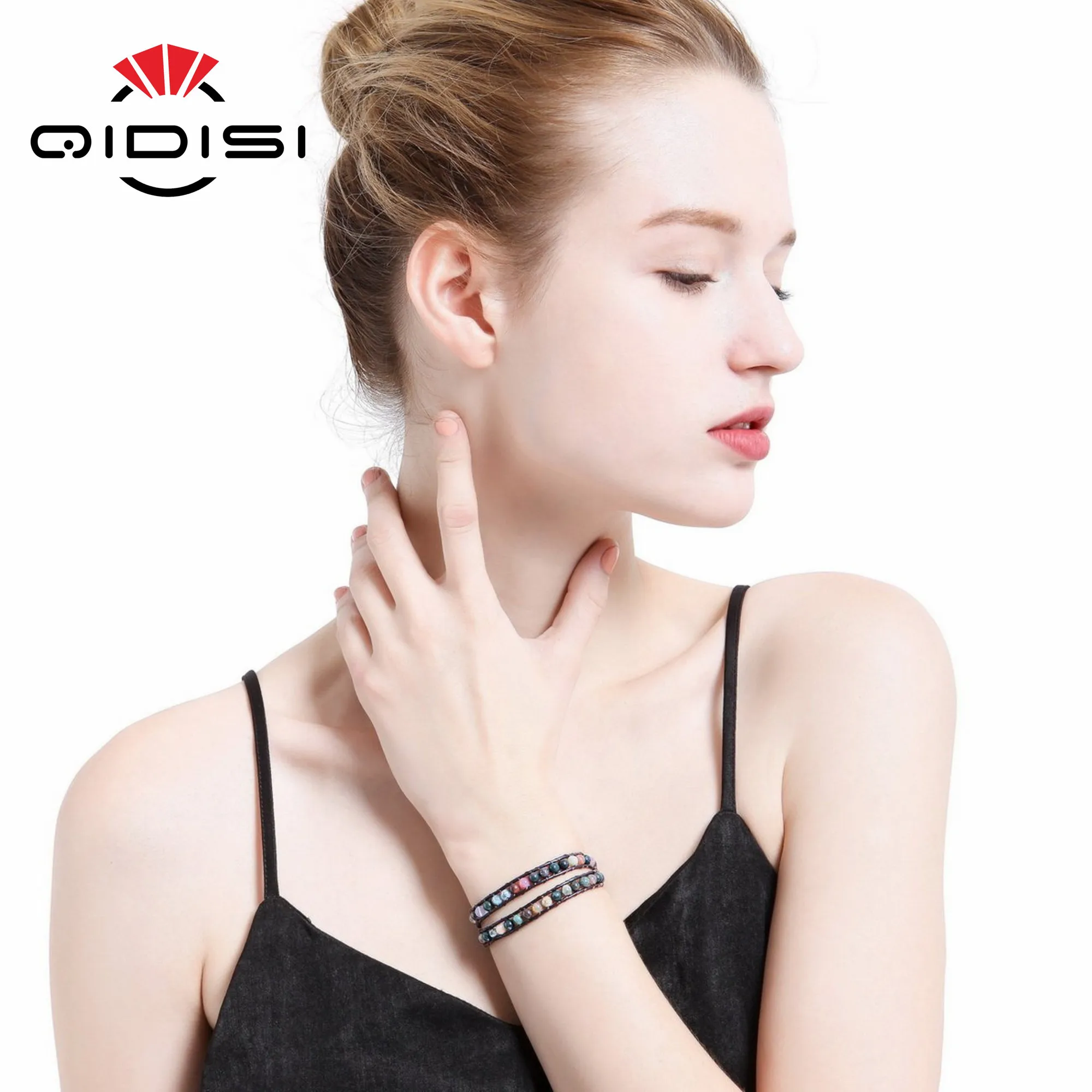 Женский кожаный браслет с бусинами на запястье двумя эффектное Ювелирное