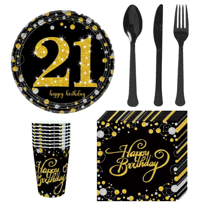 Happy Birthday party decoration plate happy birthday for 21 30 age supplies gold pink giltter cup tablecloth | Дом и сад