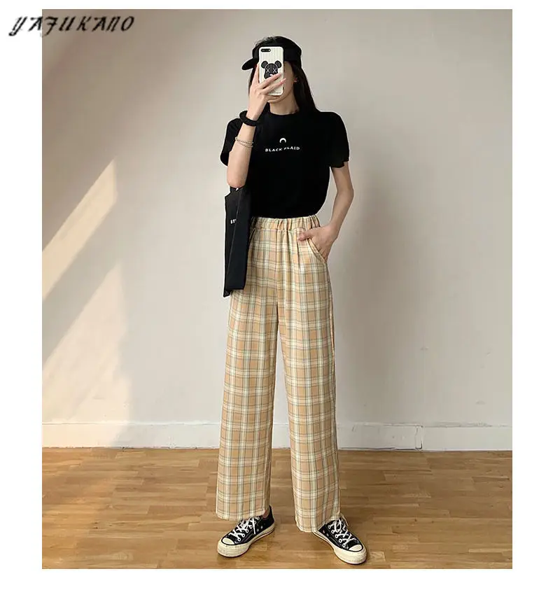 

Korean Style Plaid Pants Spring Fashion 2021 Wide Leg Pant Women Lattice Print High Waist Plus Size Pants Women