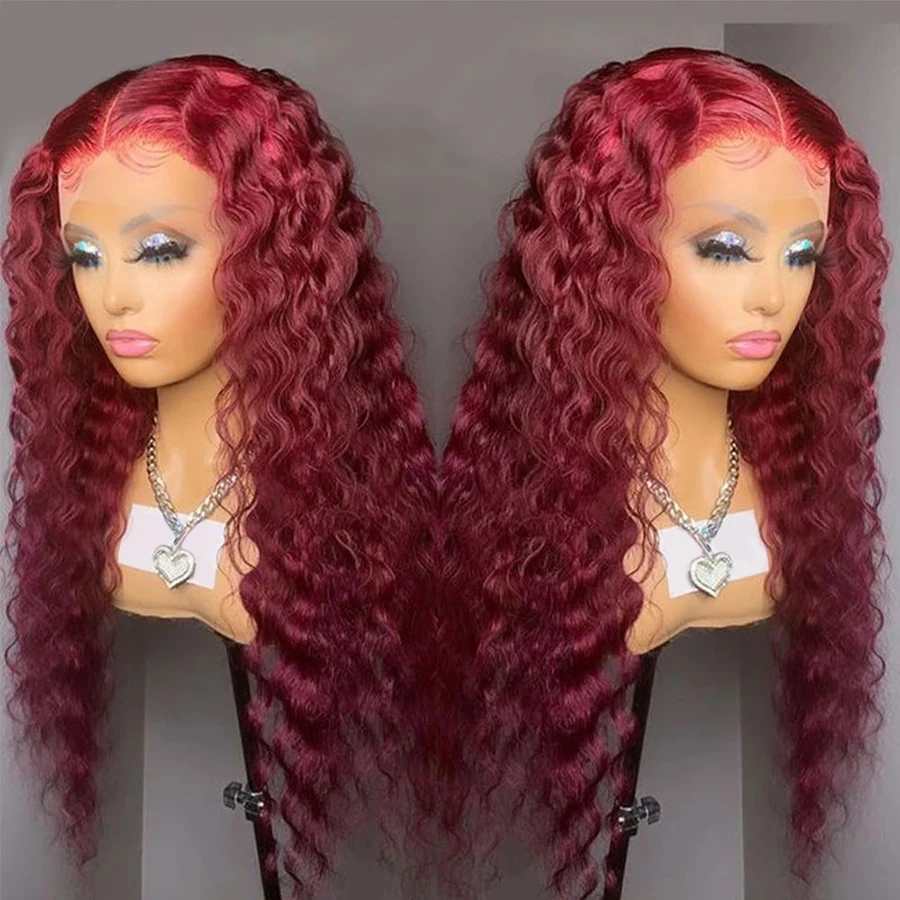 

Burgundy Colored Curly13X6 Human Hair Wigs #99j Brazilian Lace Frontal Closure Wigs For Woman Deep Wave 99j Remy Lace Wigs